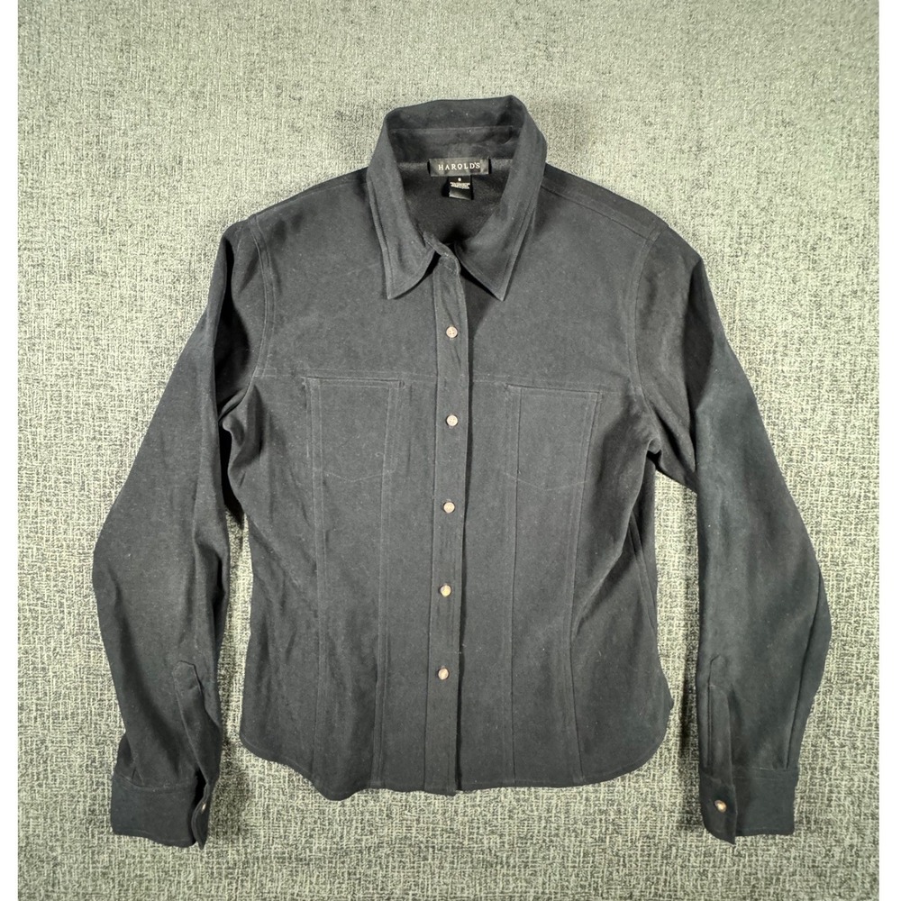 Harold's Womens Black Faux Suede Button Down Shirt Long Sleeve Size 8